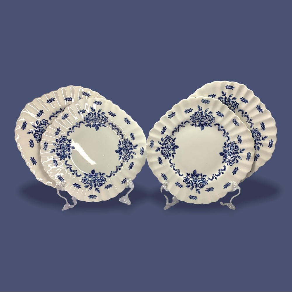 Vintage English Staffordshire Dessert Plates 4 Classic Blue White "Chatsworth"